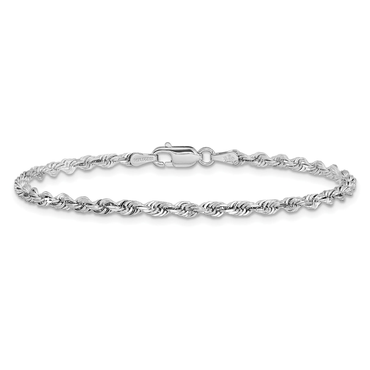 14K White Gold 3 mm Rope Chain Bracelet, Polished alternate angle