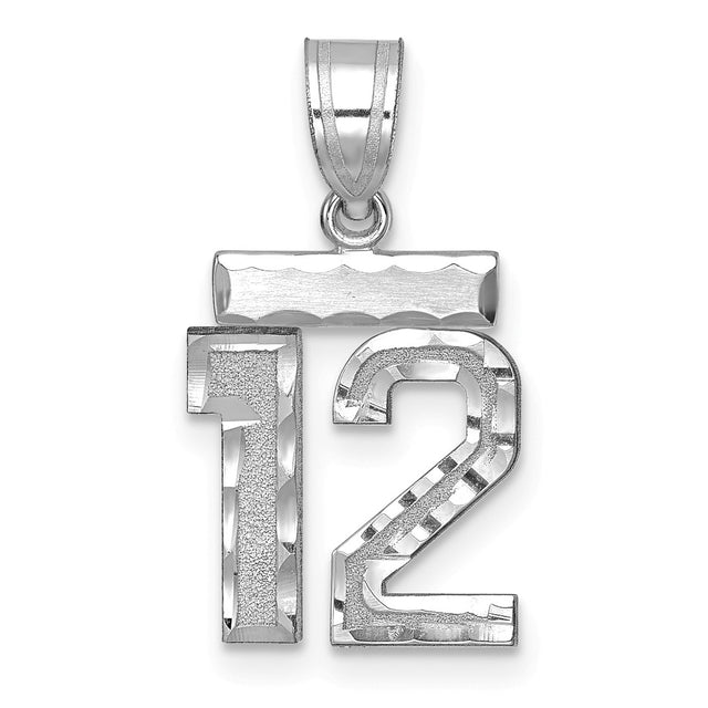 Small Brushed Diamond-cut Number 12 Charm Pendant in Real 14k White Gold