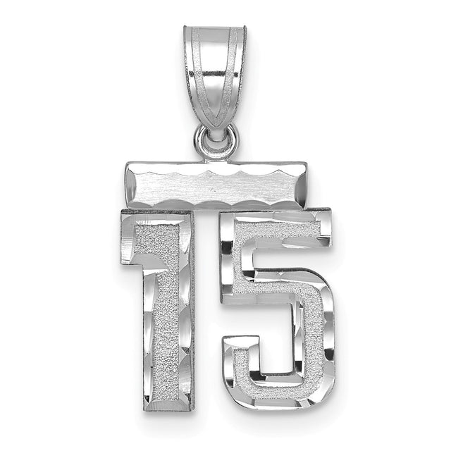 Small Brushed Diamond-cut Number 15 Charm Pendant in Real 14k White Gold
