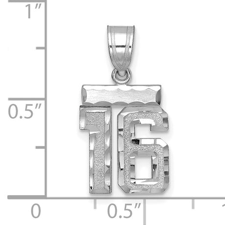 14k White Gold Number 16 Pendant, Polished and Textured Sweet Sixteen Charm for Women or Unisex Wear