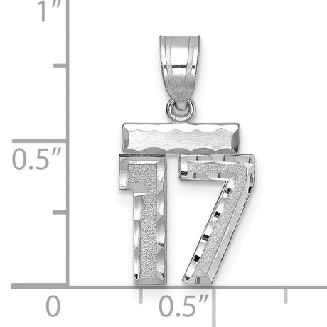 Small Brushed Diamond-cut Number 17 Charm Pendant in Real 14k White Gold