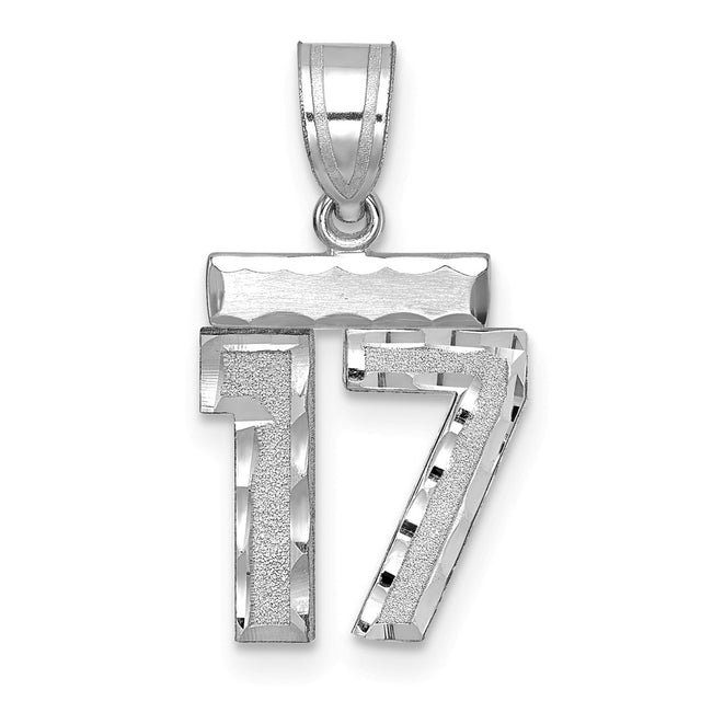 Small Brushed Diamond-cut Number 17 Charm Pendant in Real 14k White Gold