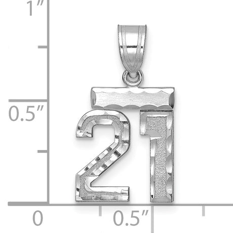 Small Brushed Diamond-cut Number 21 Charm Pendant in Real 14k White Gold