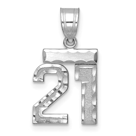 Small Brushed Diamond-cut Number 21 Charm Pendant in Real 14k White Gold
