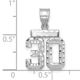Small Brushed Diamond-cut Number 30 Charm Pendant in Real 14k White Gold