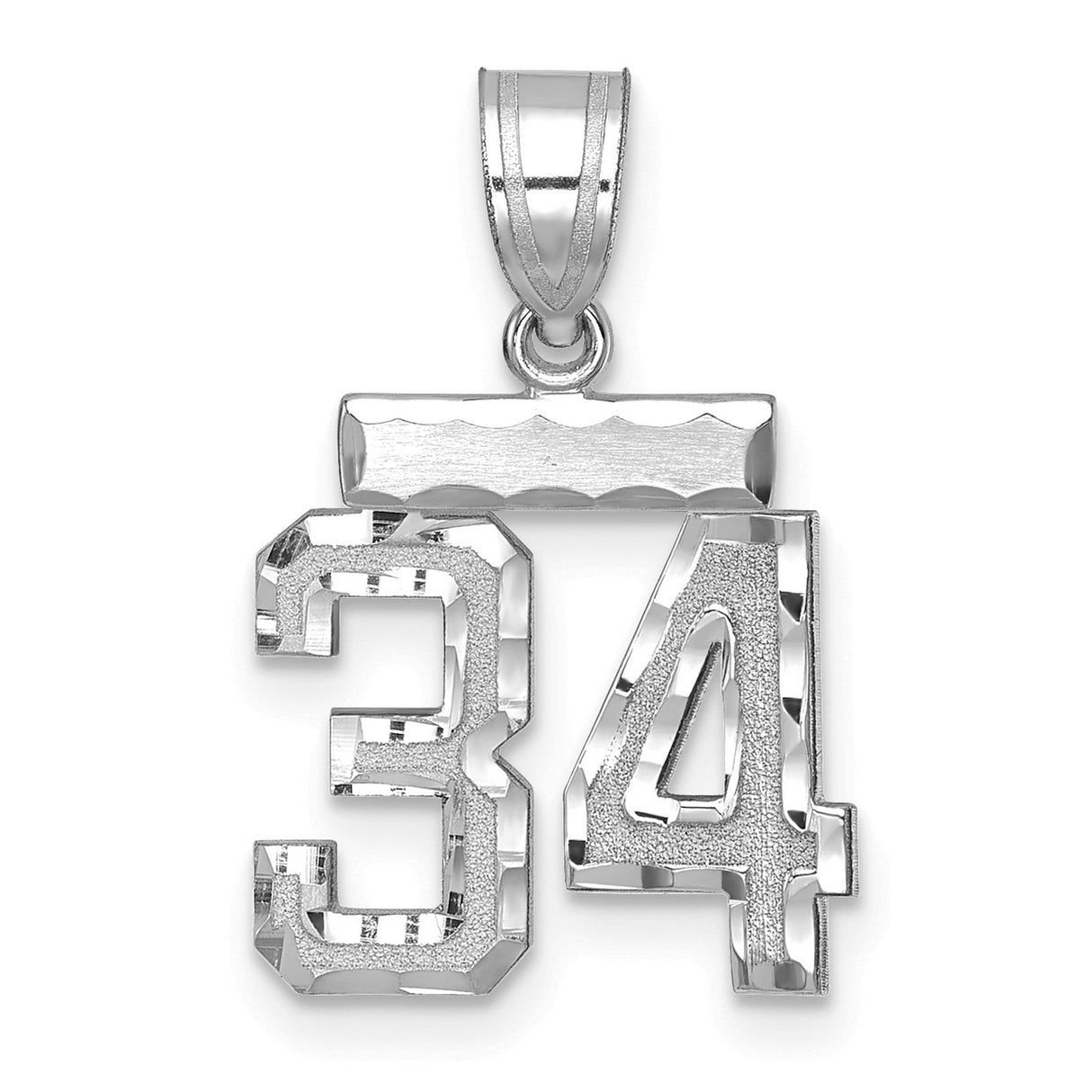 Small Brushed Diamond-cut Number 34 Charm Pendant in Real 14k White Gold