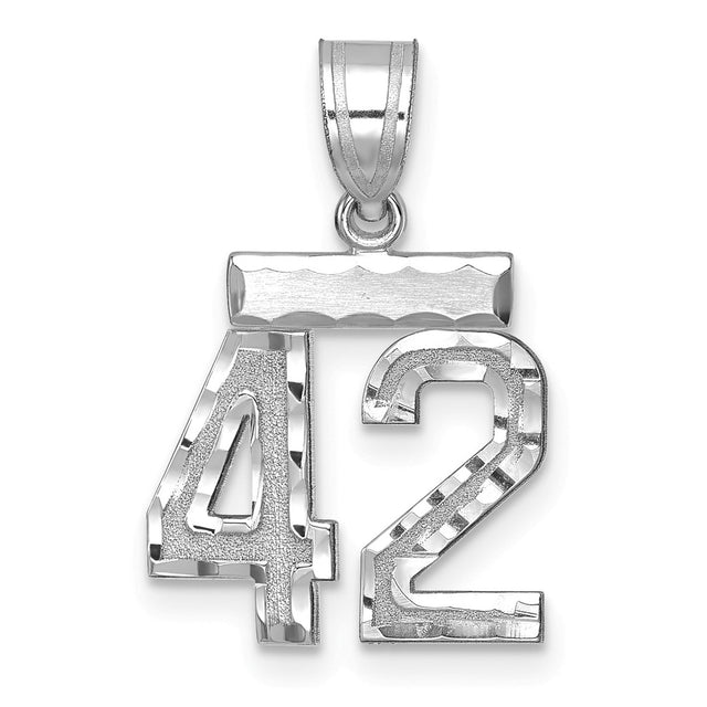 Small Brushed Diamond-cut Number 42 Charm Pendant in Real 14k White Gold