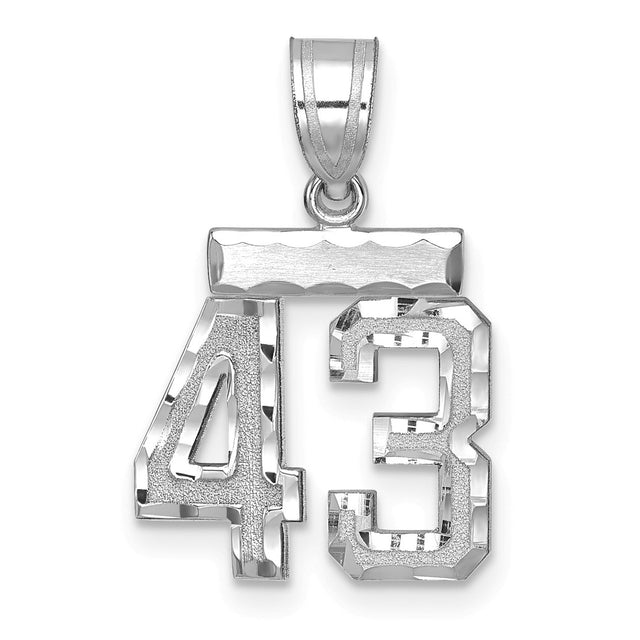 Small Brushed Diamond-cut Number 43 Charm Pendant in Real 14k White Gold