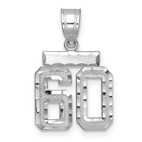 Small Brushed Diamond-cut Number 60 Charm Pendant in Real 14k White Gold