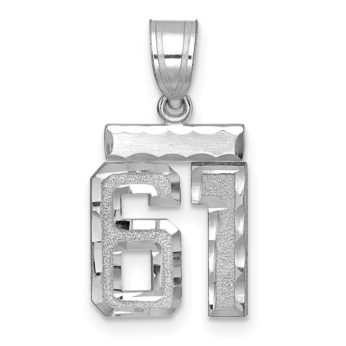 Small Brushed Diamond-cut Number 61 Charm Pendant in Real 14k White Gold