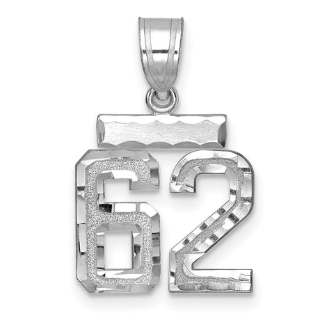 14k White Gold Number 62 Pendant, Textured and Polished Finish, Sports Milestone Charm