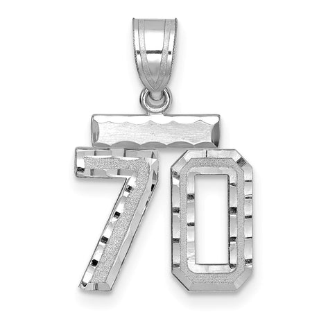 Small Brushed Diamond-cut Number 70 Charm Pendant in Real 14k White Gold