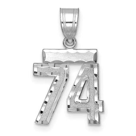 Small Brushed Diamond-cut Number 74 Charm Pendant in Real 14k White Gold