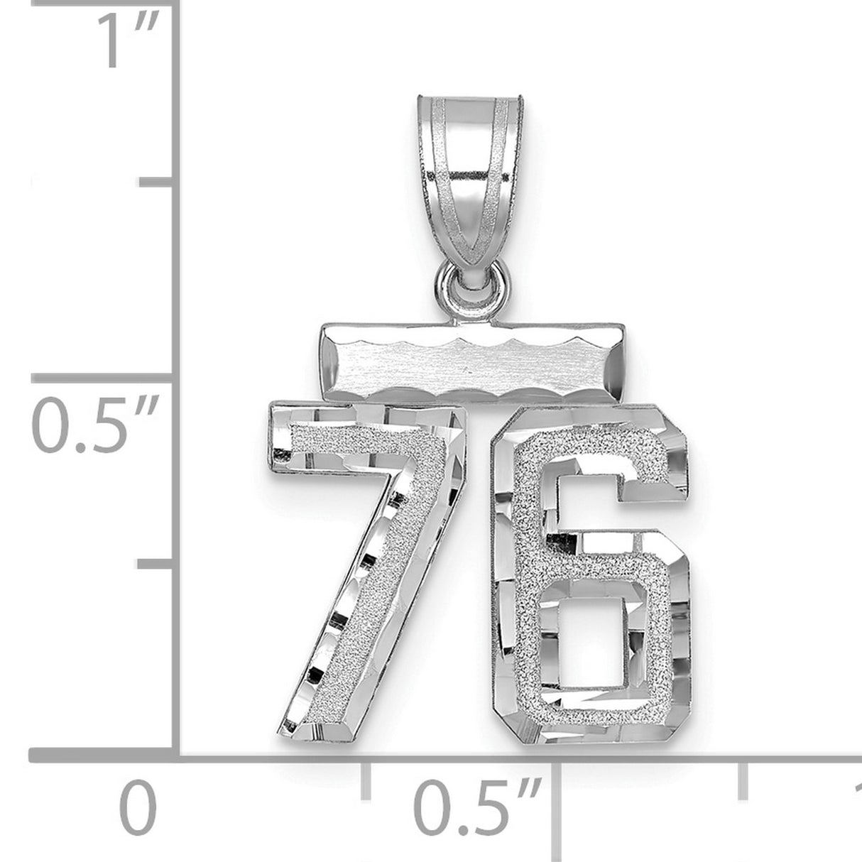Small Brushed Diamond-cut Number 76 Charm Pendant in Real 14k White Gold