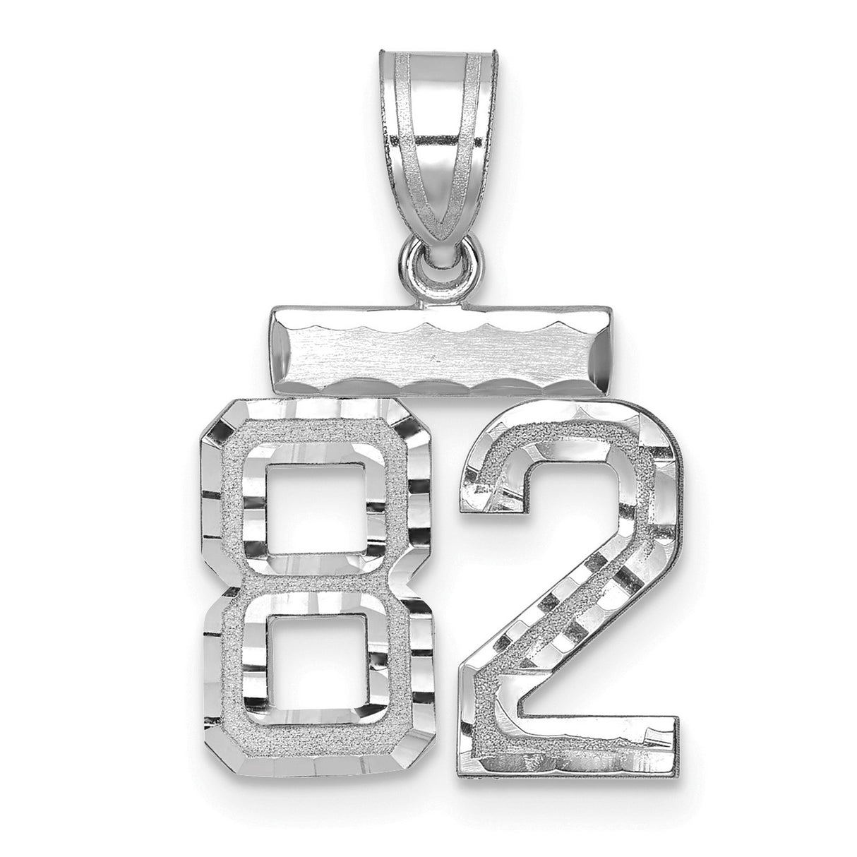 Small Brushed Diamond-cut Number 82 Charm Pendant in Real 14k White Gold
