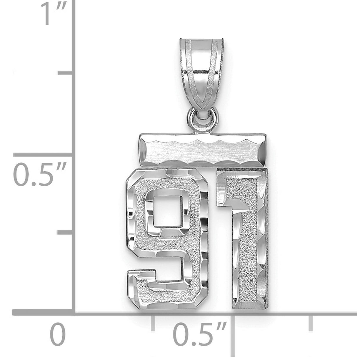 Small Brushed Diamond-cut Number 91 Charm Pendant in Real 14k White Gold