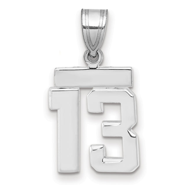 Small Polished Number 13 Charm Pendant in Real 14k White Gold