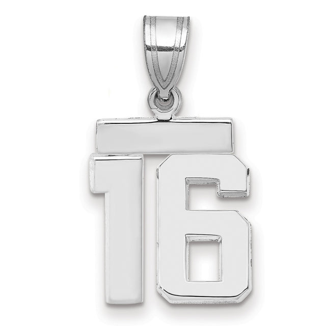 Small Polished Number 16 Charm Pendant in Real 14k White Gold