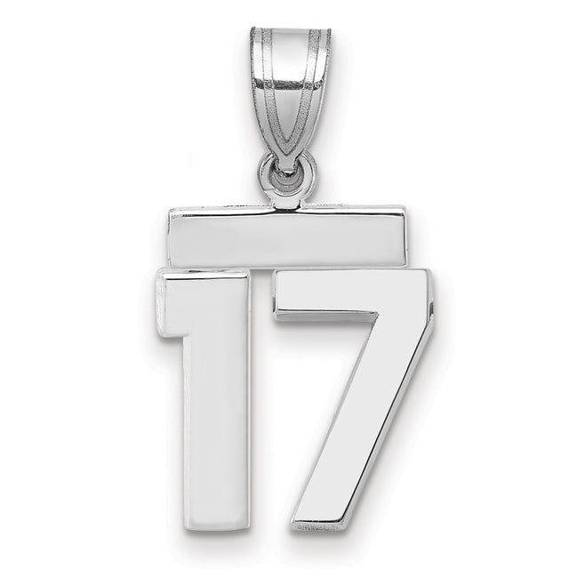 Small Polished Number 17 Charm Pendant in Real 14k White Gold