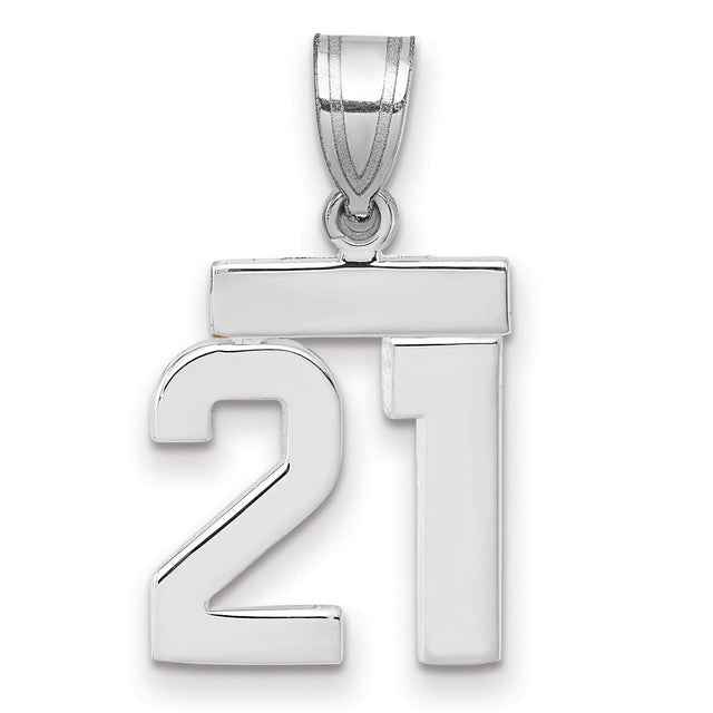 Small Polished Number 21 Charm Pendant in Real 14k White Gold