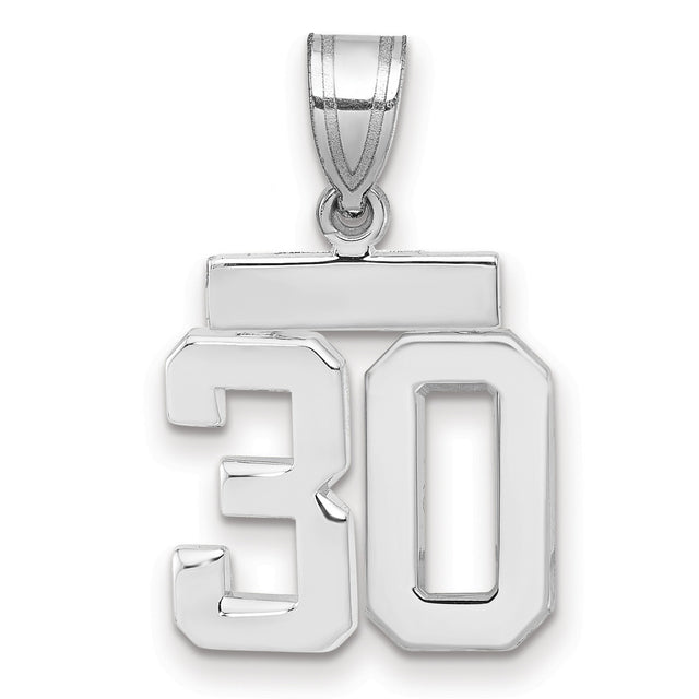 Small Polished Number 30 Charm Pendant in Real 14k White Gold