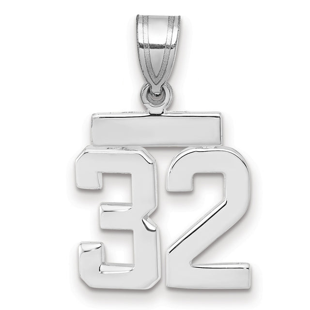 Small Polished Number 32 Charm Pendant in Real 14k White Gold