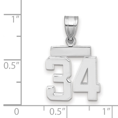 Small Polished Number 34 Charm Pendant in Real 14k White Gold