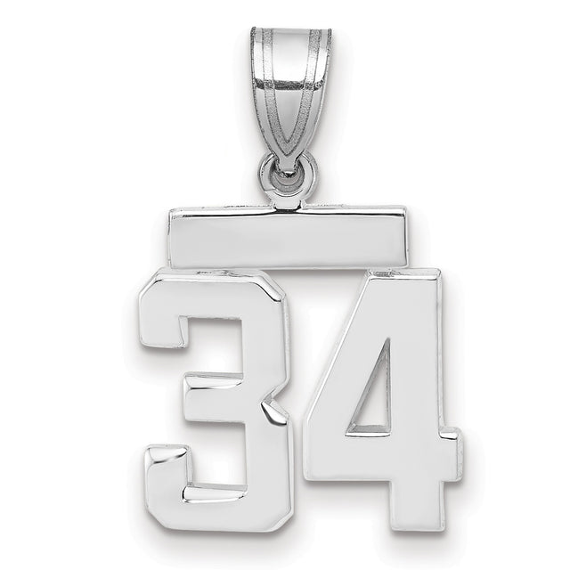 Small Polished Number 34 Charm Pendant in Real 14k White Gold