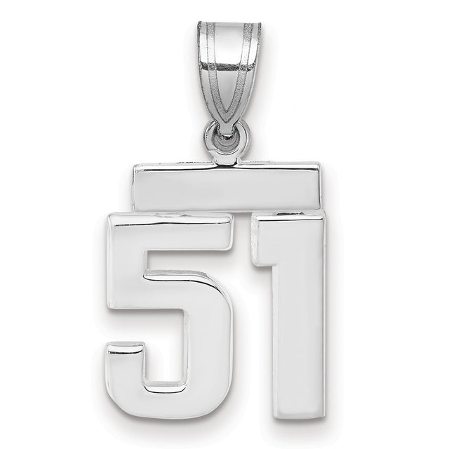Small Polished Number 51 Charm Pendant in Real 14k White Gold
