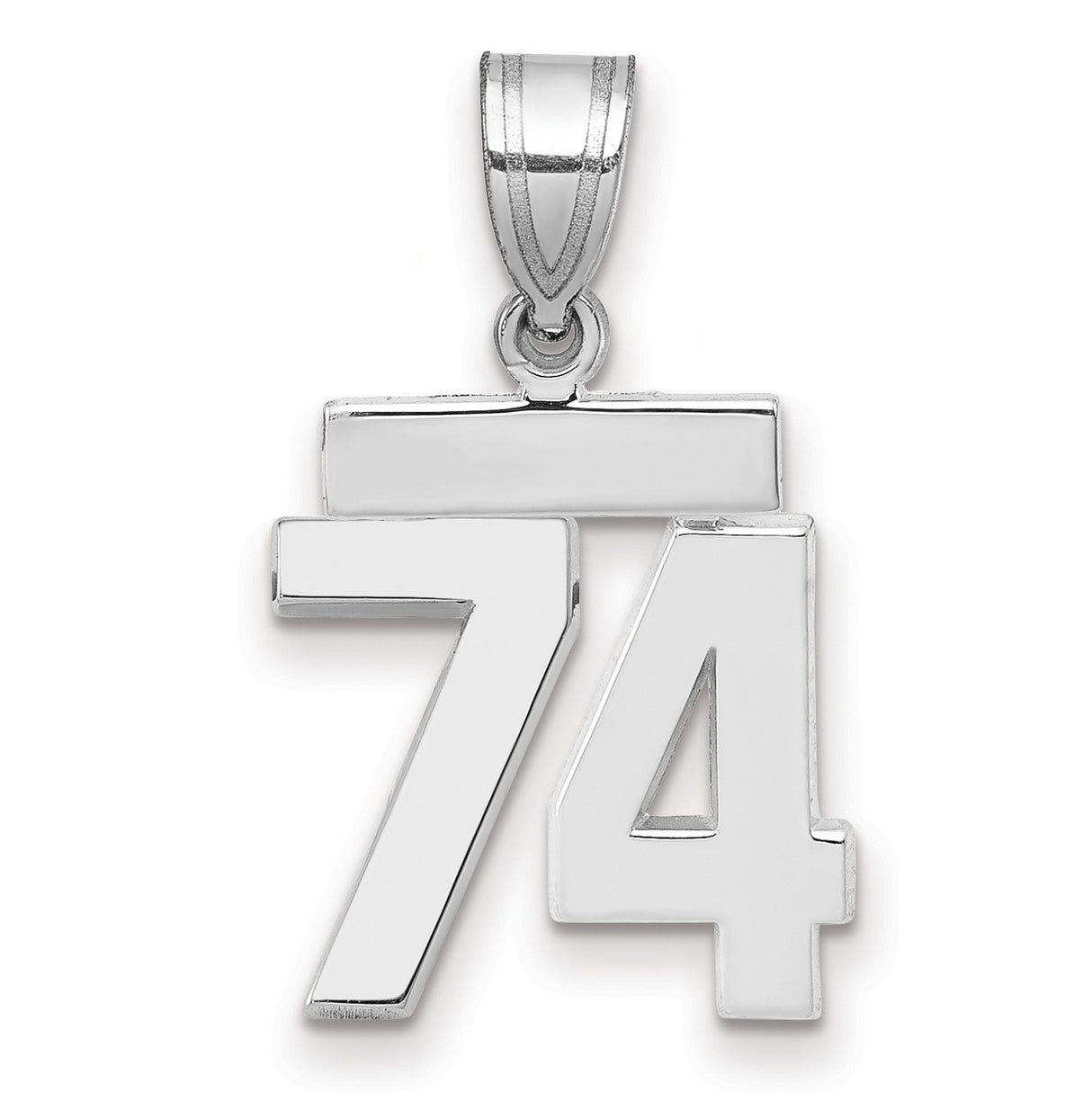 Small Polished Number 74 Charm Pendant in Real 14k White Gold