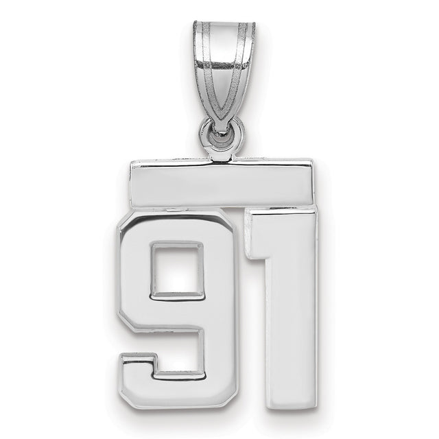 Small Polished Number 91 Charm Pendant in Real 14k White Gold