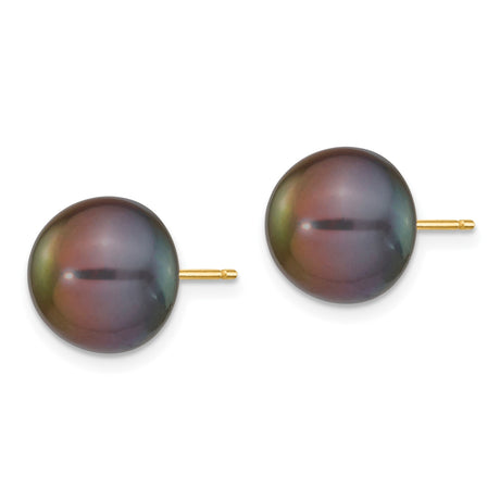 14k Yellow Gold Stud Earrings with Black Cultured Pearl, Round High Luster, Minimalist Style for Women