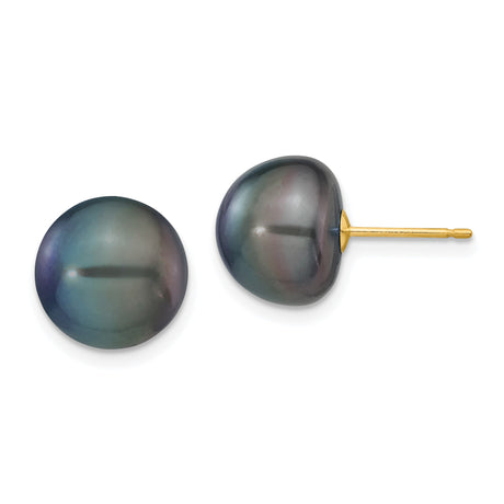 14k Yellow Gold Stud Earrings with Black Cultured Pearl, Round High Luster, Minimalist Style for Women