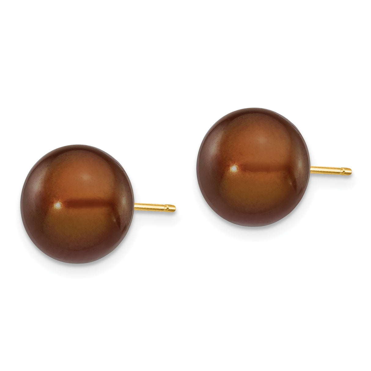 14k Yellow Gold Pearl Stud Earrings, Brown Round Cultured Pearls, Button Design