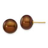 14k Yellow Gold Pearl Stud Earrings, Brown Round Cultured Pearls, Button Design