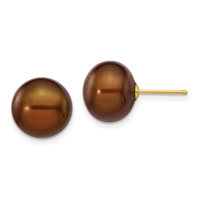 14k Yellow Gold Pearl Stud Earrings, Brown Round Cultured Pearls, Button Design