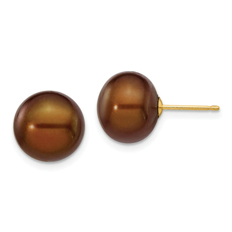 14k Yellow Gold Pearl Stud Earrings with Brown Cultured Round Natural Pearls for Women