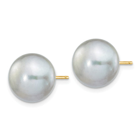 14k Yellow Gold Pearl Stud Earrings, Round Gray Cultured Pearl Design for Women