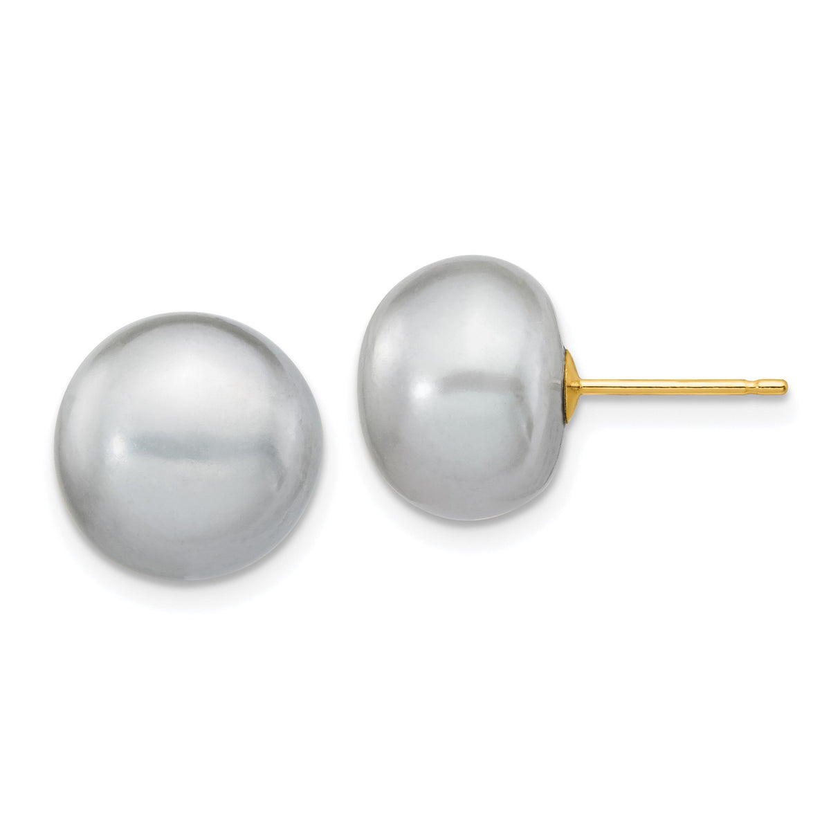 14k Yellow Gold Pearl Stud Earrings, Round Gray Cultured Pearl Design for Women