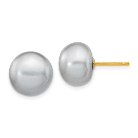 14k Yellow Gold Pearl Stud Earrings, Round Gray Cultured Pearl Design for Women