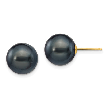 14k Yellow Gold Stud Earrings with Black Cultured Pearls, Minimalist Design for Women