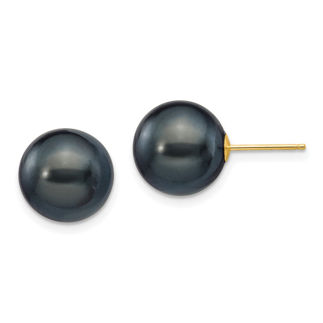14k Yellow Gold Stud Earrings with Black Cultured Pearls, Minimalist Design for Women