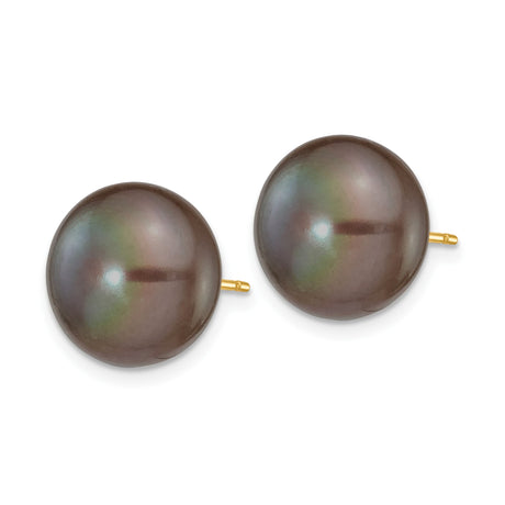 14k Yellow Gold Stud Earrings with Black Cultured Pearl, Classic Minimalist Style for Women