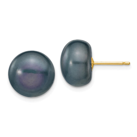 14k Yellow Gold Stud Earrings with Black Cultured Pearl, Classic Minimalist Style for Women