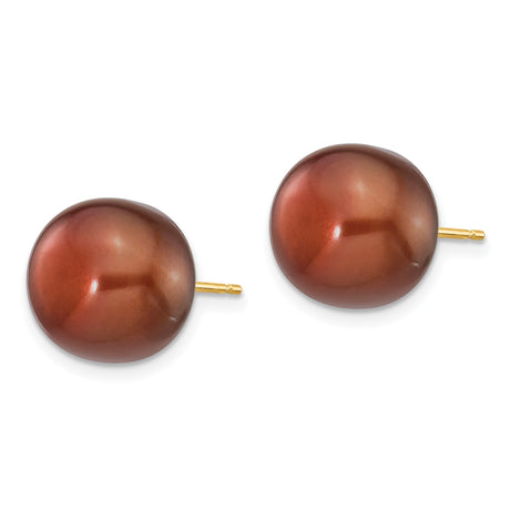 14k Yellow Gold Stud Earrings with Brown Button Freshwater Cultured Pearls, Polished Finish