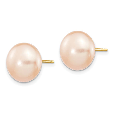 14k Yellow Gold Stud Earrings with Pink Freshwater Cultured Pearls, Classic Button Style