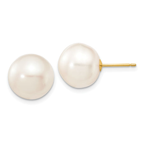 14k Yellow Gold Pearl Stud Earrings, Classic Round White Cultured Pearls for Women