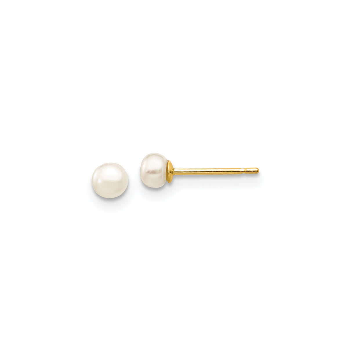 14k Yellow Gold Pearl Stud Earrings, Round White Cultured Pearls, Minimalist Classic Style