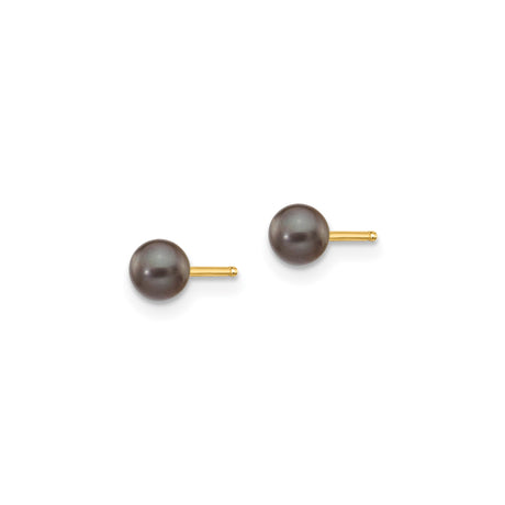 14k Yellow Gold Stud Earrings with Black Pearls, Minimalist Round Design for Women