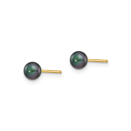 14k Yellow Gold Stud Earrings with Black Cultured Freshwater Pearls, Minimalist Design for Women